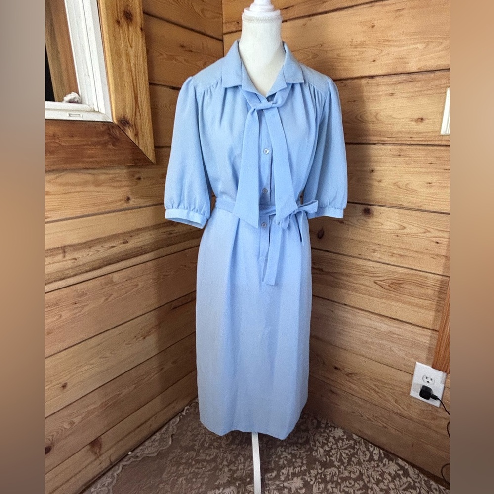 Vintage Powder Blue Tie Neck Shirt Dress